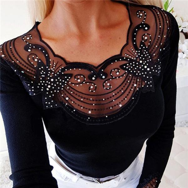 Women's Black Lace Beaded Collar Slim Fit Blouse blouse