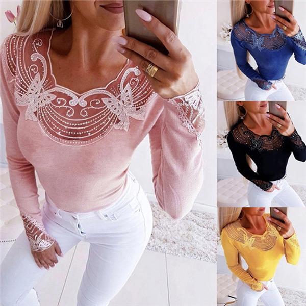Женский красивый свитер Women's Black Lace Beaded Collar Slim Fit Blouse - Image 6